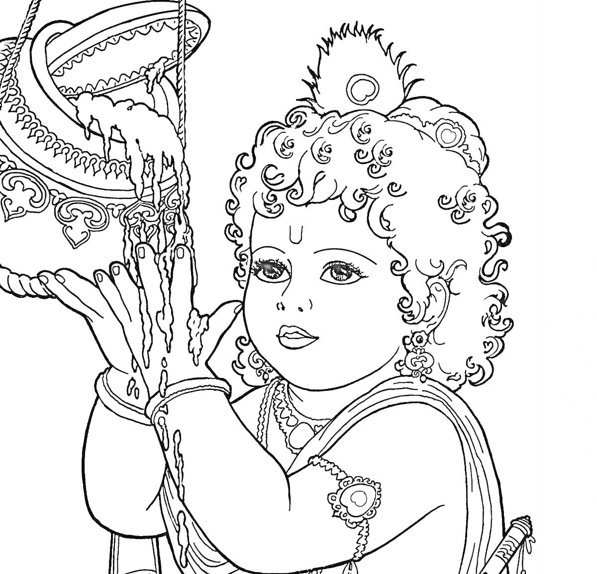 На раскраске изображено: Ребёнок, Масло, Религия, Мальчик, Украшения, Горшки, Традиционные наряды
