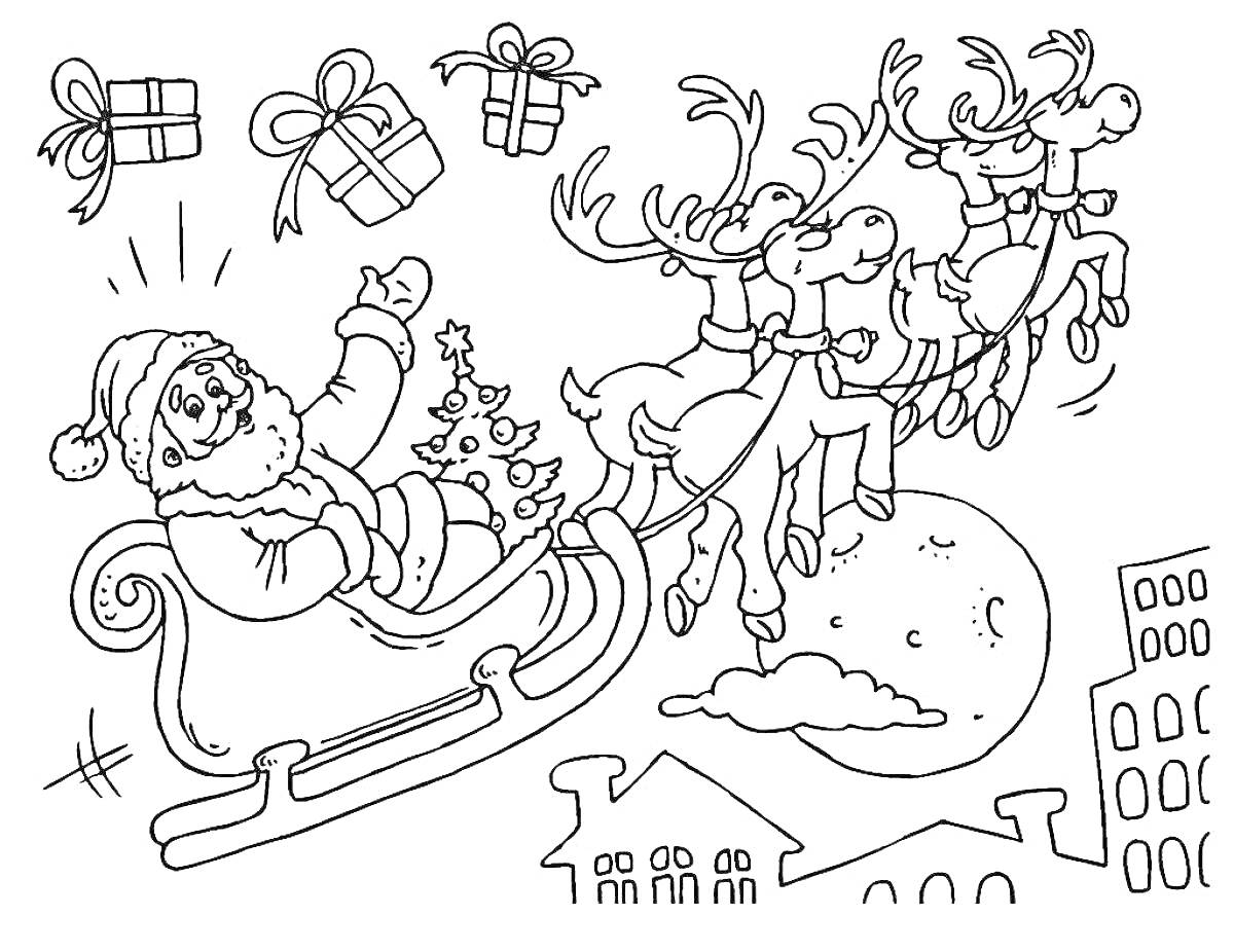 На раскраске изображено: Сани, Подарки, Луна, Ночь, Праздничное настроение, Рождество, Новый год, Олень, Санта Клаус