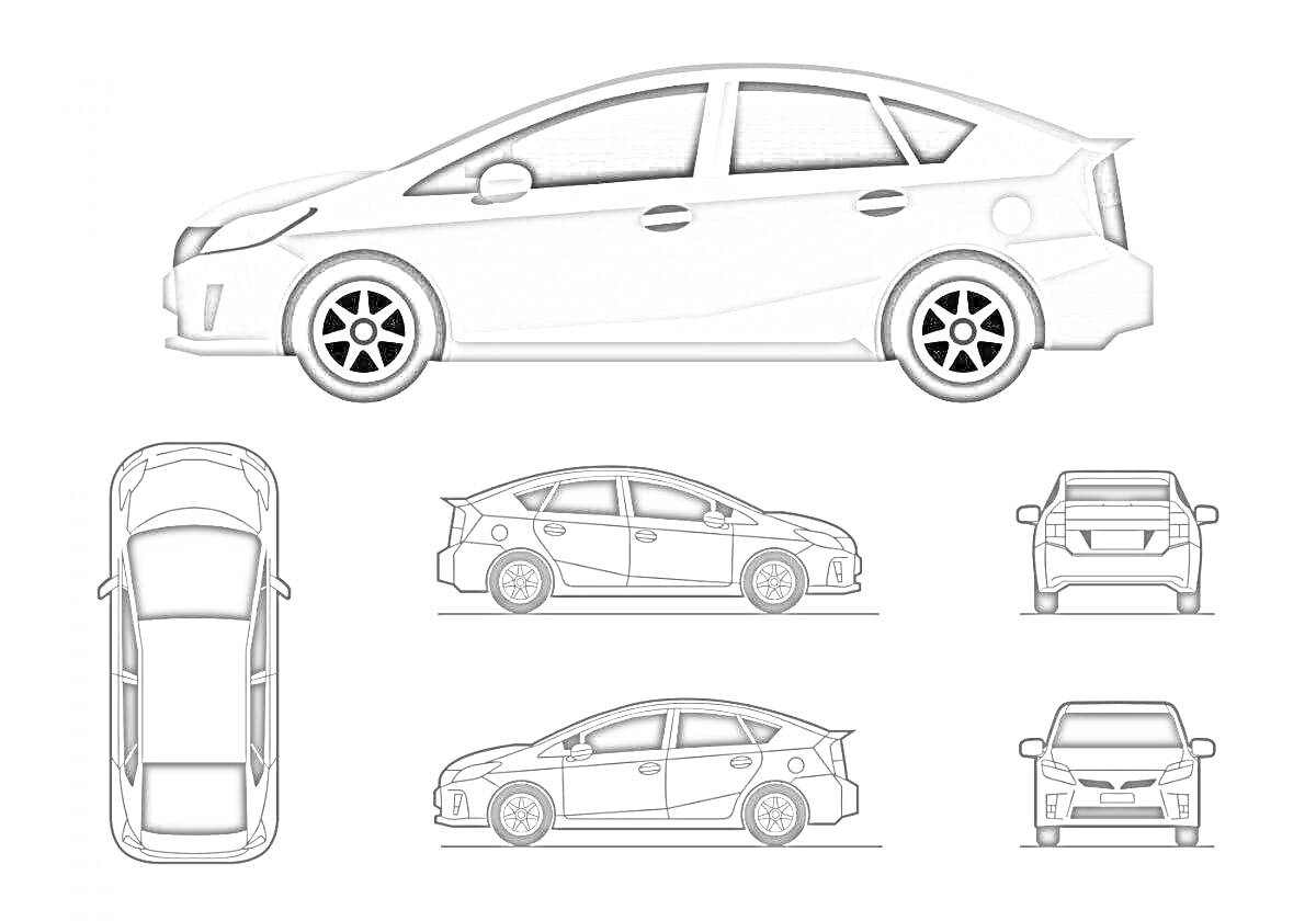 Раскраска Разнообразные виды Toyota Prius: вид сбоку, сверху, спереди и сзади