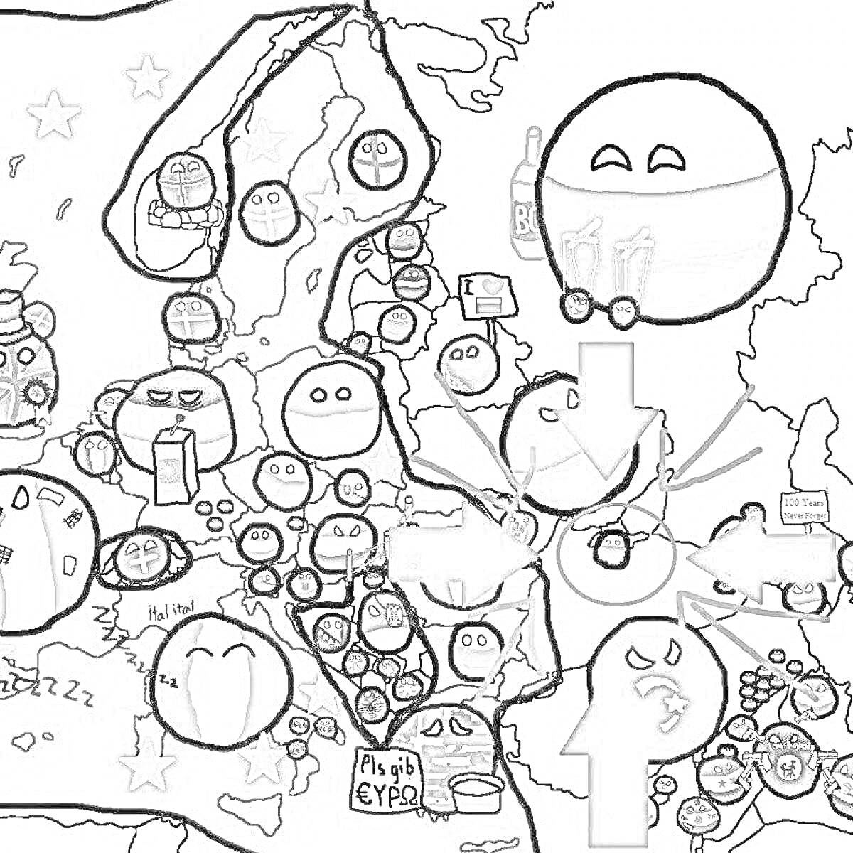 Раскраска Карта с countryballs на фоне политической карты Европы с изображением различных стран в виде шариков с лицами и национальными особенностями. Некоторые держат призы, бутылки, рисунки, сигареты и другие предметы.
