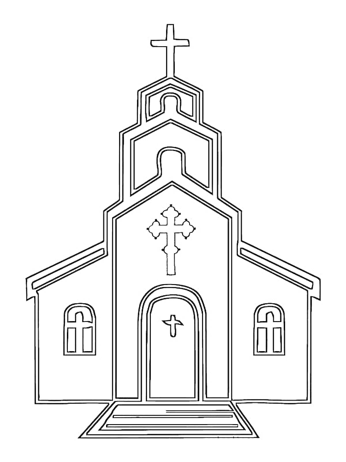 Раскраска Храм с двумя окнами, входной дверью с маленьким крестом, большим крестом над дверью, и крестом на вершине башни