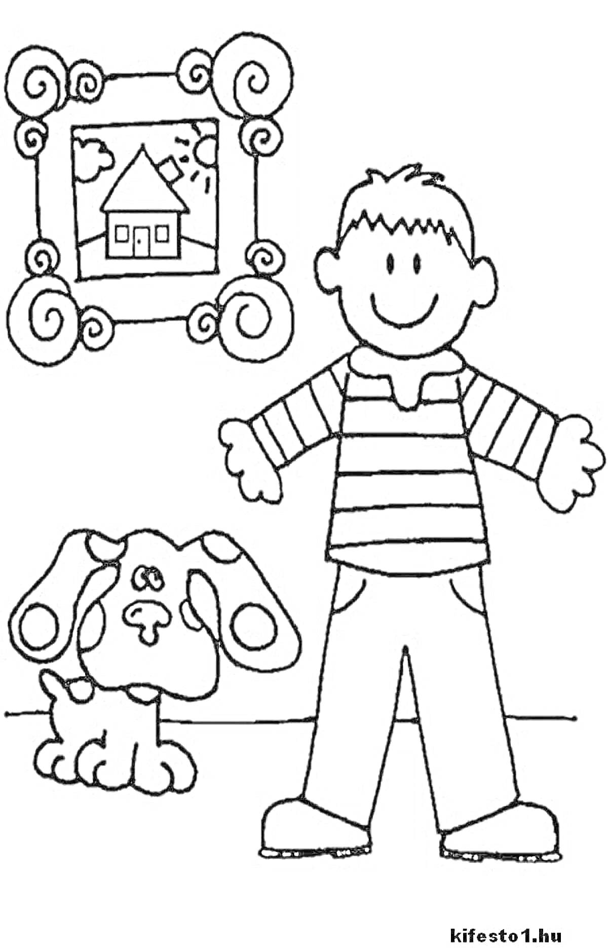 Раскраска Мальчик с собакой перед картиной дома на стене