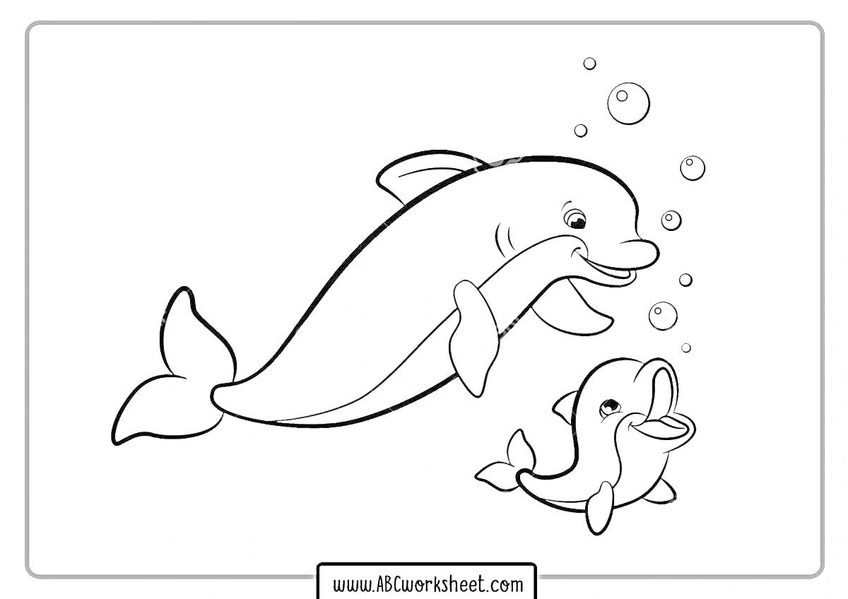 На раскраске изображено: Дельфины, Пузыри, Морские животные, Подводный мир, Контурные линии