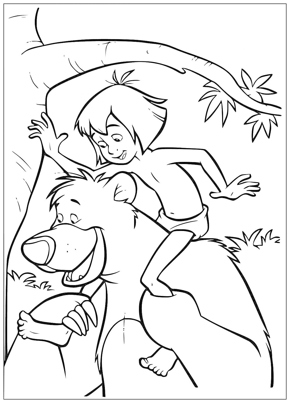 На раскраске изображено: Джунгли, Мальчик, Медведь, Листья, Природа, Книга джунглей