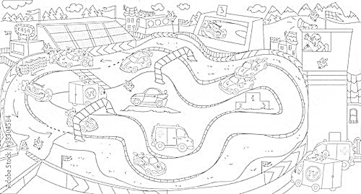 Раскраска Гоночный трек с автомобилями, трибунами и постройками