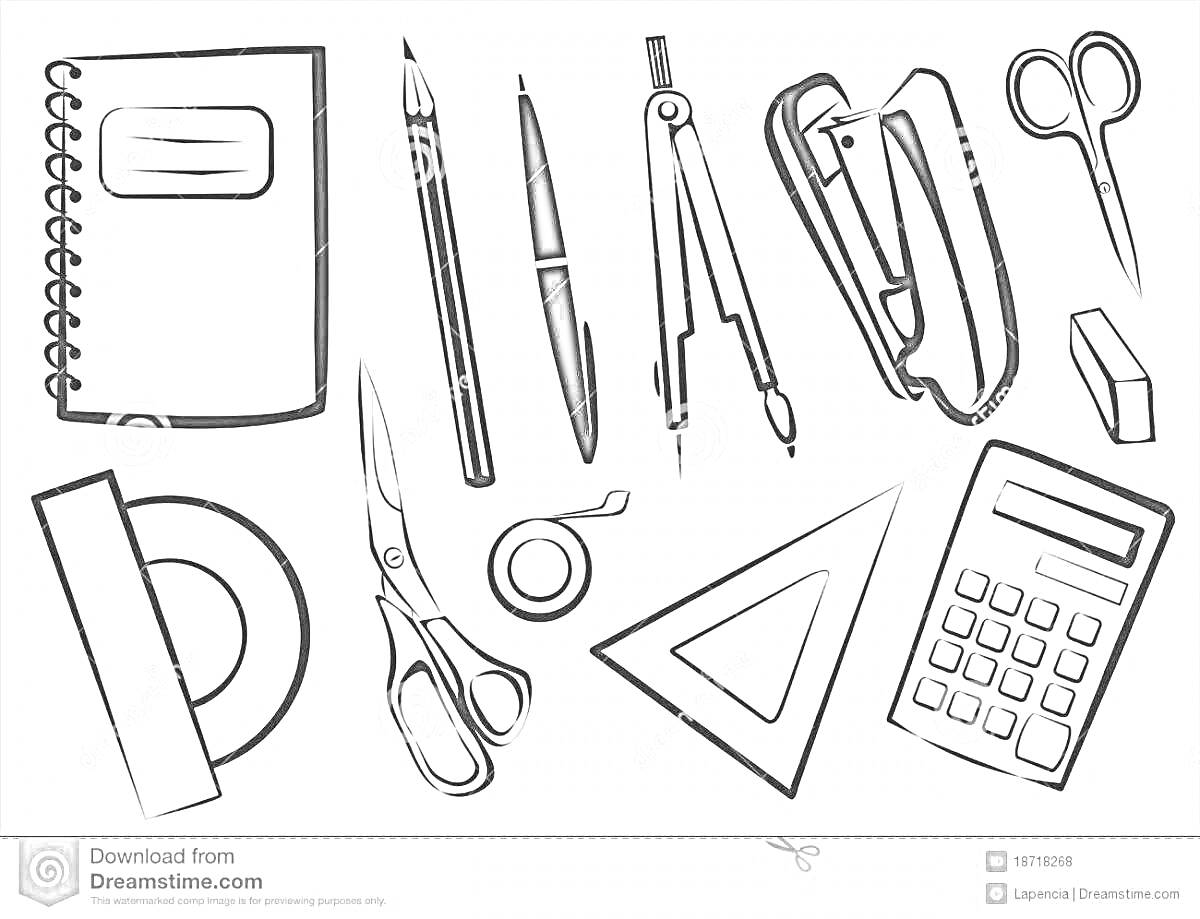 На раскраске изображено: Тетрадь, Ручка, Циркуль, Степлер, Ножницы, Скотч, Транспортир, Кнопки, Калькулятор, Учебные принадлежности, Школьные принадлежности, Письменные принадлежности