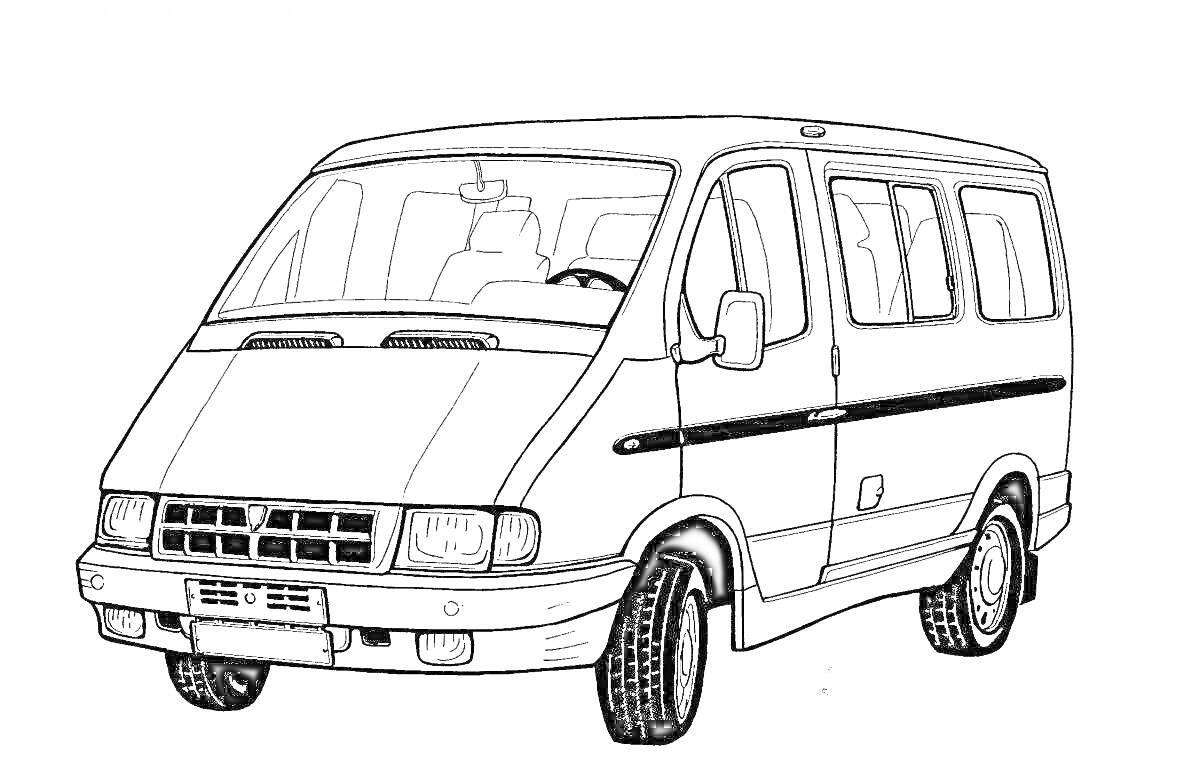 Раскраска автомобиль Газель, боковое и переднее стекла, колеса, фары, зеркала, двери, линии кузова