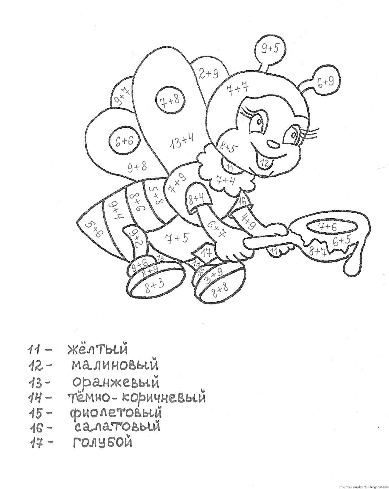 Раскраска Раскраска пчела с примерами на сложение в пределах 20 с переходом через десяток