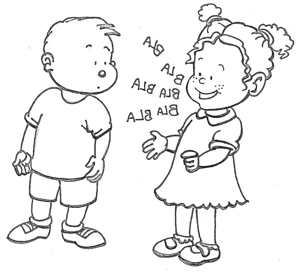 На раскраске изображено: Мальчик, Девочка, Разговор, Общение, Для детей