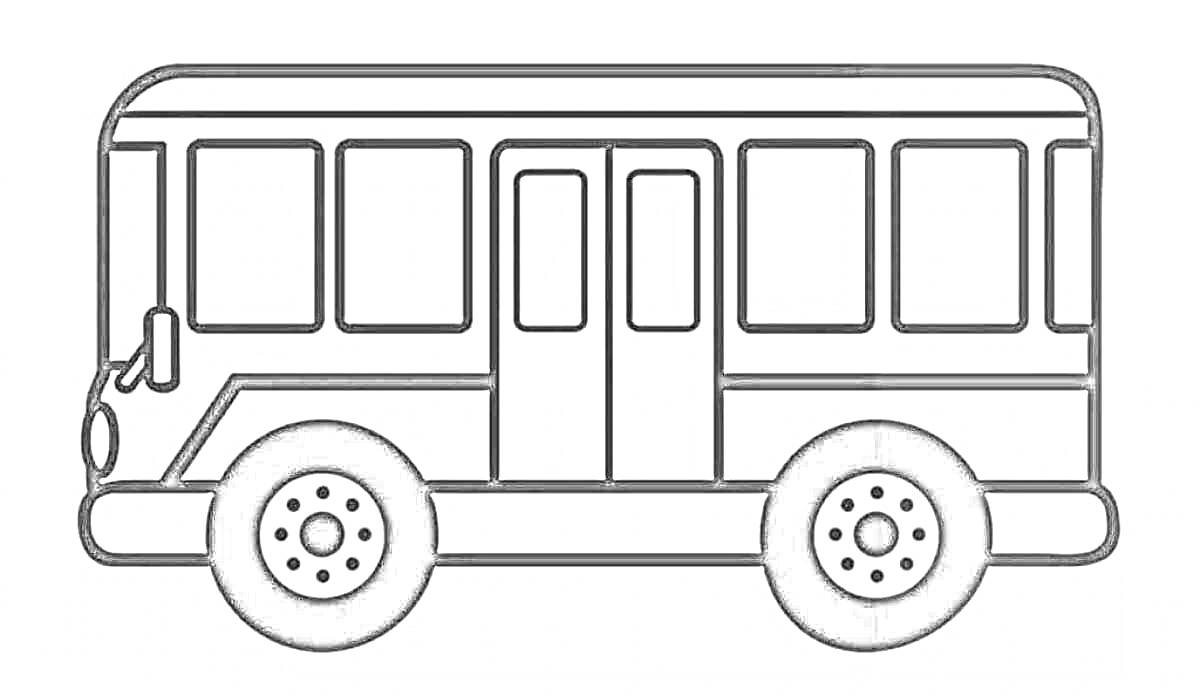 На раскраске изображено: Автобус, Транспорт, Колеса, Окна, Школьный автобус, Для детей, Дверь