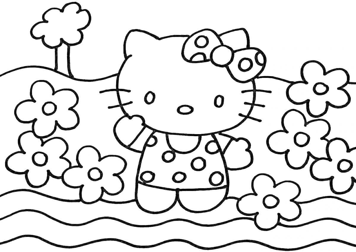 На раскраске изображено: Сад, Цветы, Платье в горошек, Для девочек, Деревья, Кот, 6 лет