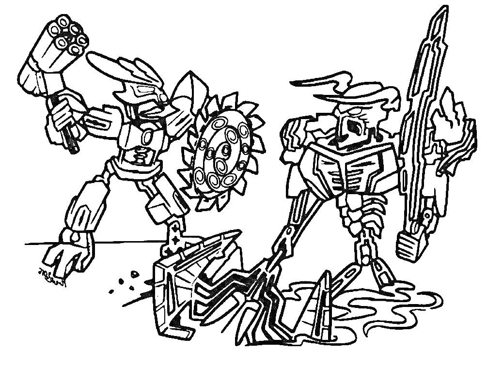 Раскраска Схватка двух Лего Бионикл воинов с оружием