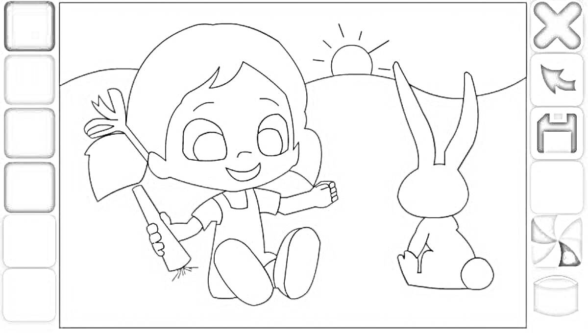 На раскраске изображено: Девочка, Кролик, Зеленый, Игра, Природа, Для детей, Холмы, Хэппи колор