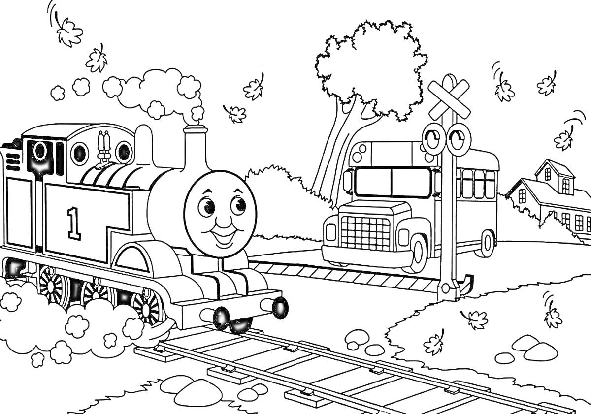 На раскраске изображено: Автобус, Железнодорожный переезд, Деревья, Осень, Листья
