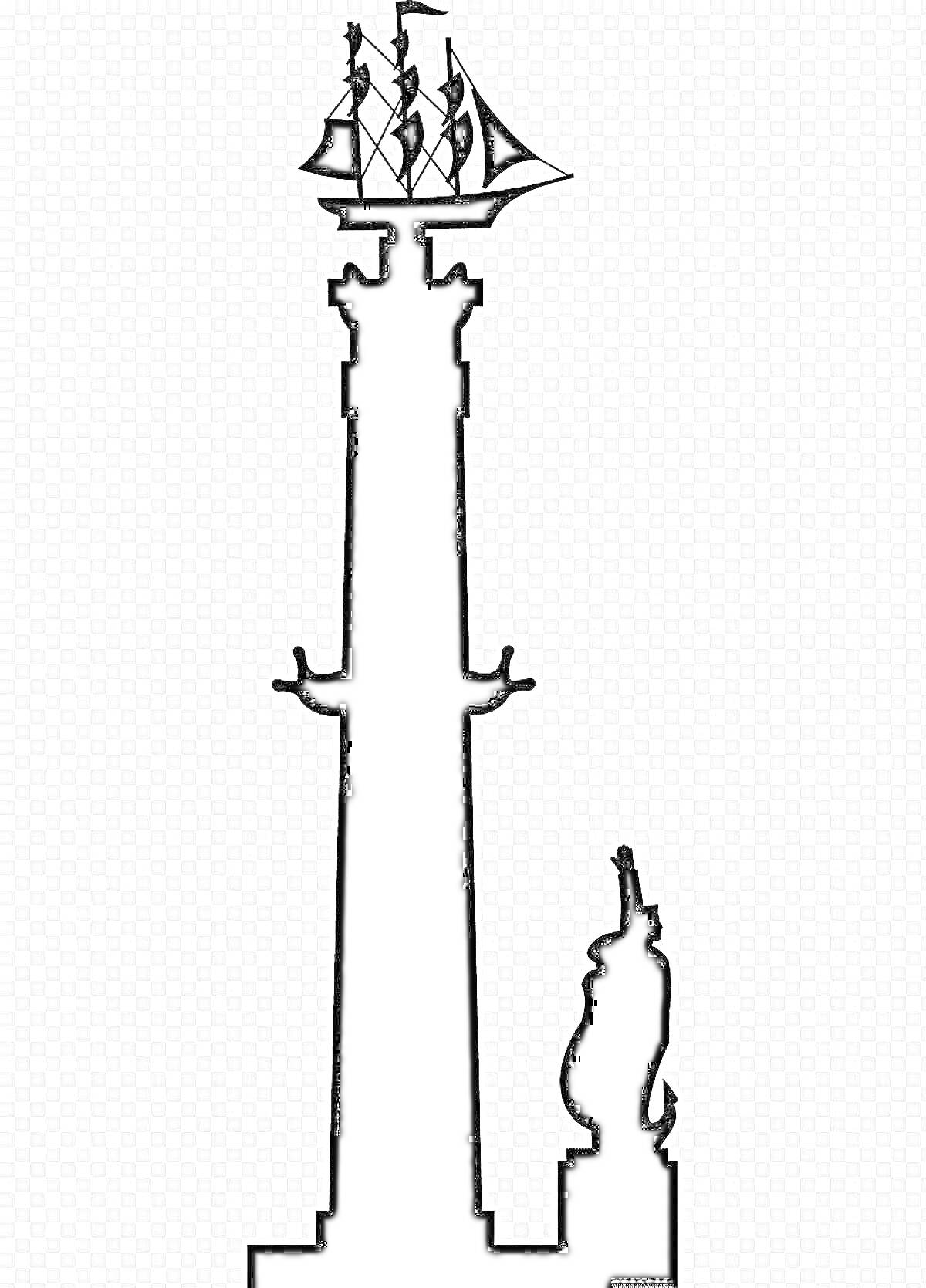Раскраска Ростральная колонна с фигуркой корабля на вершине и статуей у основания