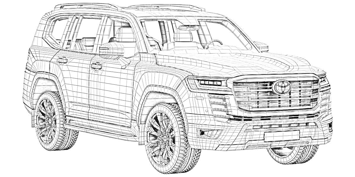 Раскраска Раскраска с изображением Тойоты Ленд Крузер 300, четырехдверный внедорожник с большим решетчатым радиатором, колёсными арками, боковыми зеркалами и видимостью внутреннего размещения посадочных мест.