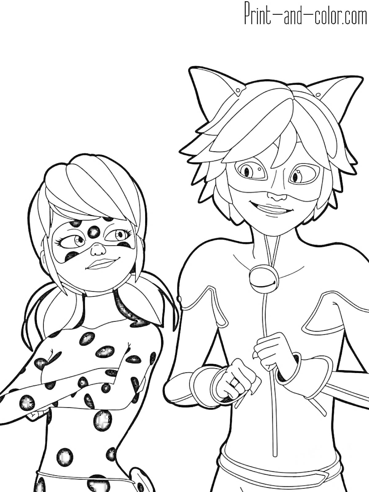 Раскраска Леди Баг с косичкой и маской, Супер Кот с кошачьими ушами и колокольчиком