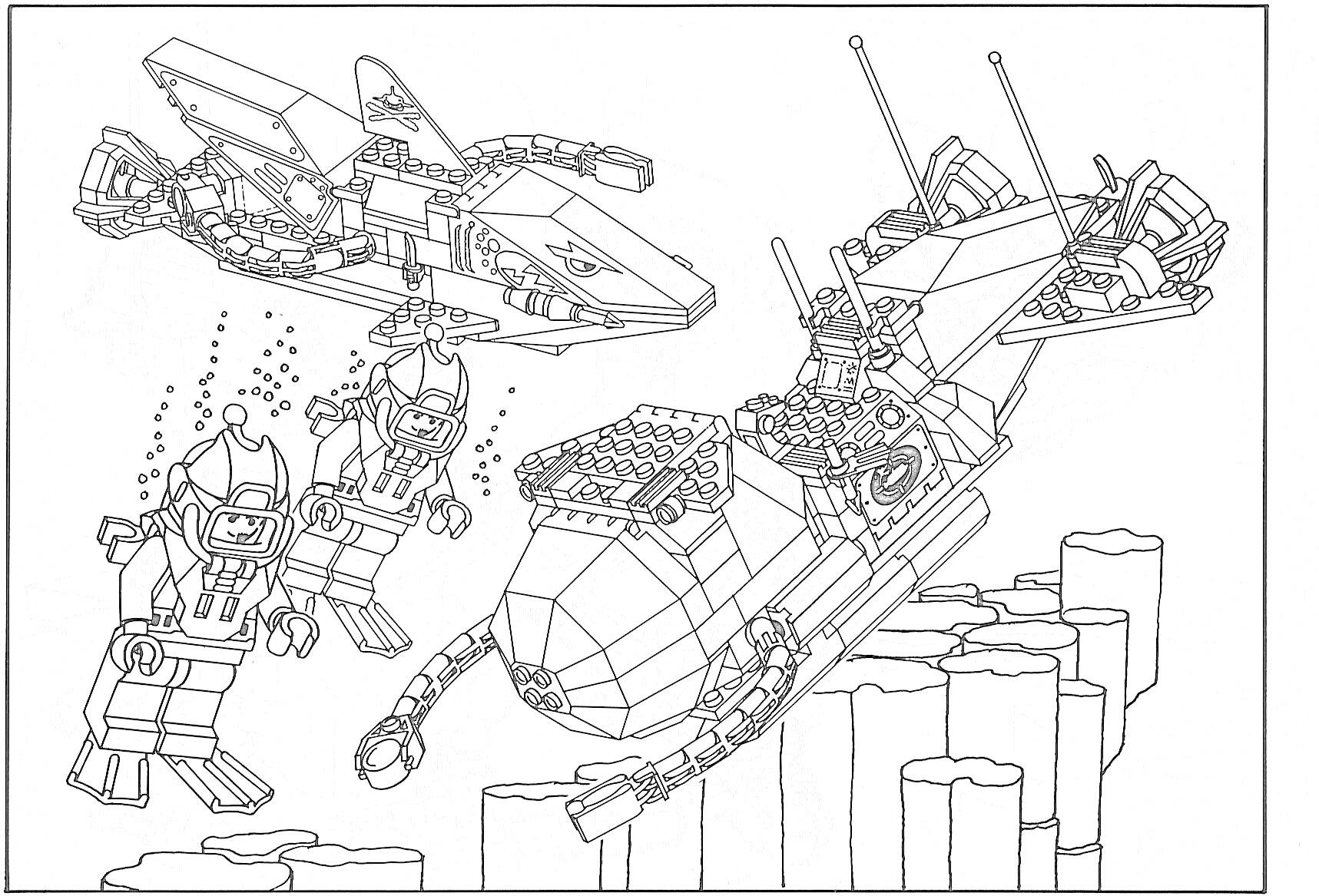 Раскраска Лего военные человечки с военной техникой, два летательных аппарата, два прыгающих военных человечка и один сидящий в летательном аппарате, платформа