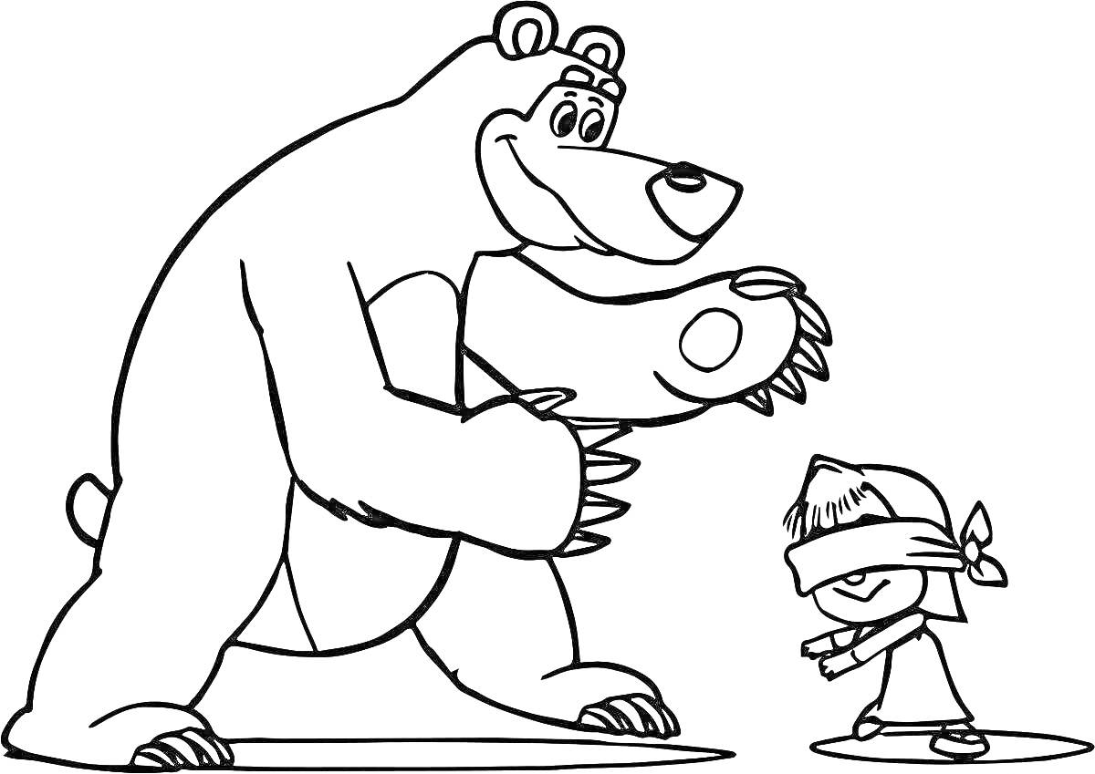 На раскраске изображено: Медведь, Девочка, Повязка на глазах, Дружба, Ребенок, Игра