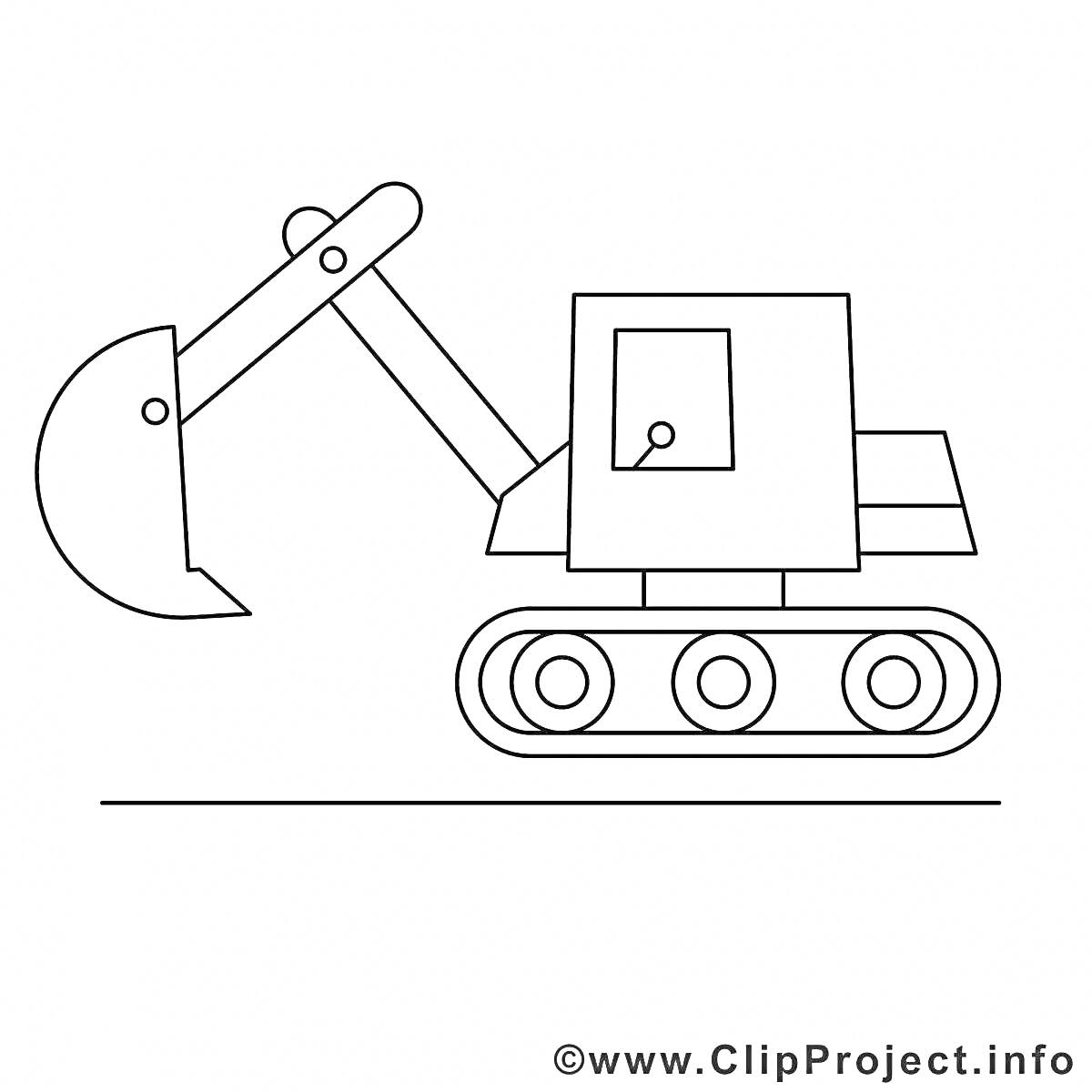 На раскраске изображено: Экскаватор, Ковш, Гусеничный ход, Для детей, Техника, Строительная техника, Транспорт, Простое изображение