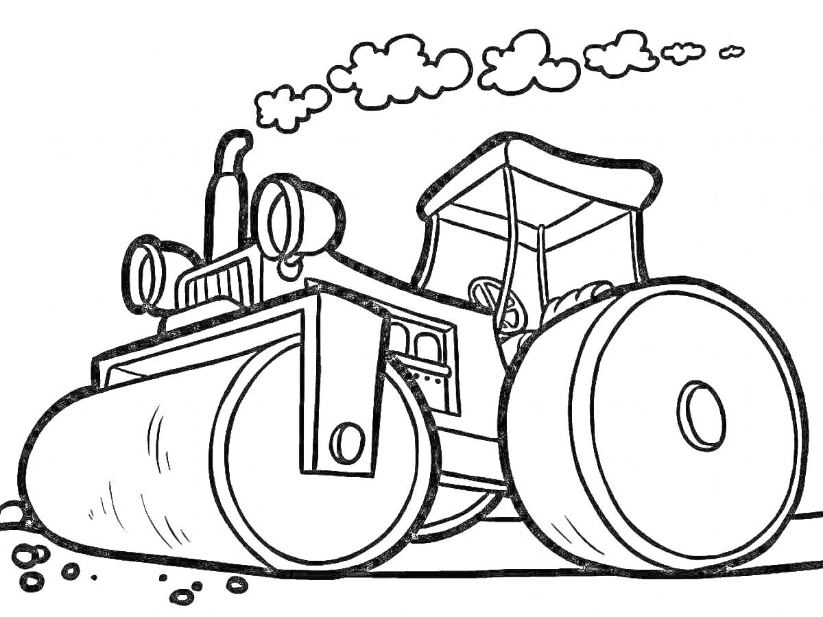 На раскраске изображено: Большие колеса, Дым, Камни, Строительная техника, Карандаши