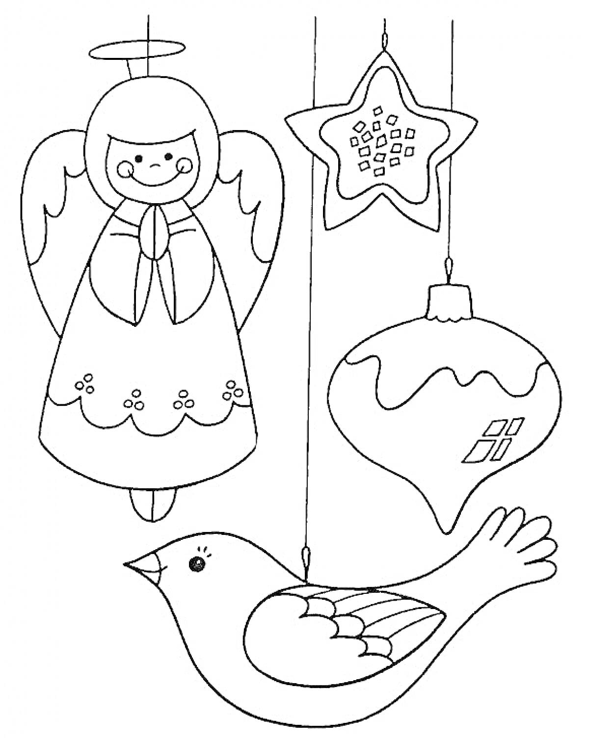 На раскраске изображено: Новый год, Украшения, Ангел, Птица, Елочные украшения, Гирлянда, Шары, Звезды
