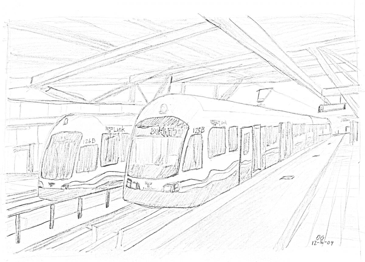 На раскраске изображено: Метро, Станция, Рельсы, Навес, Транспорт