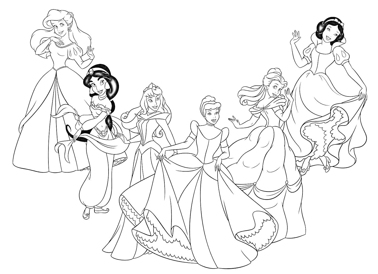 Раскраска Принцессы Диснея, пять принцесс в длинных платьях