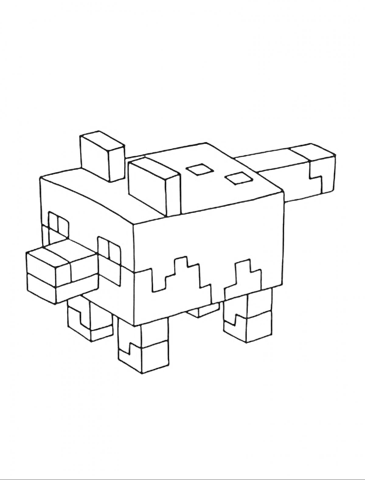 Раскраска животное из майнкрафт, стоящее на четырех ногах, с квадратной формой головы и жвалами, хвост и блокообразное тело