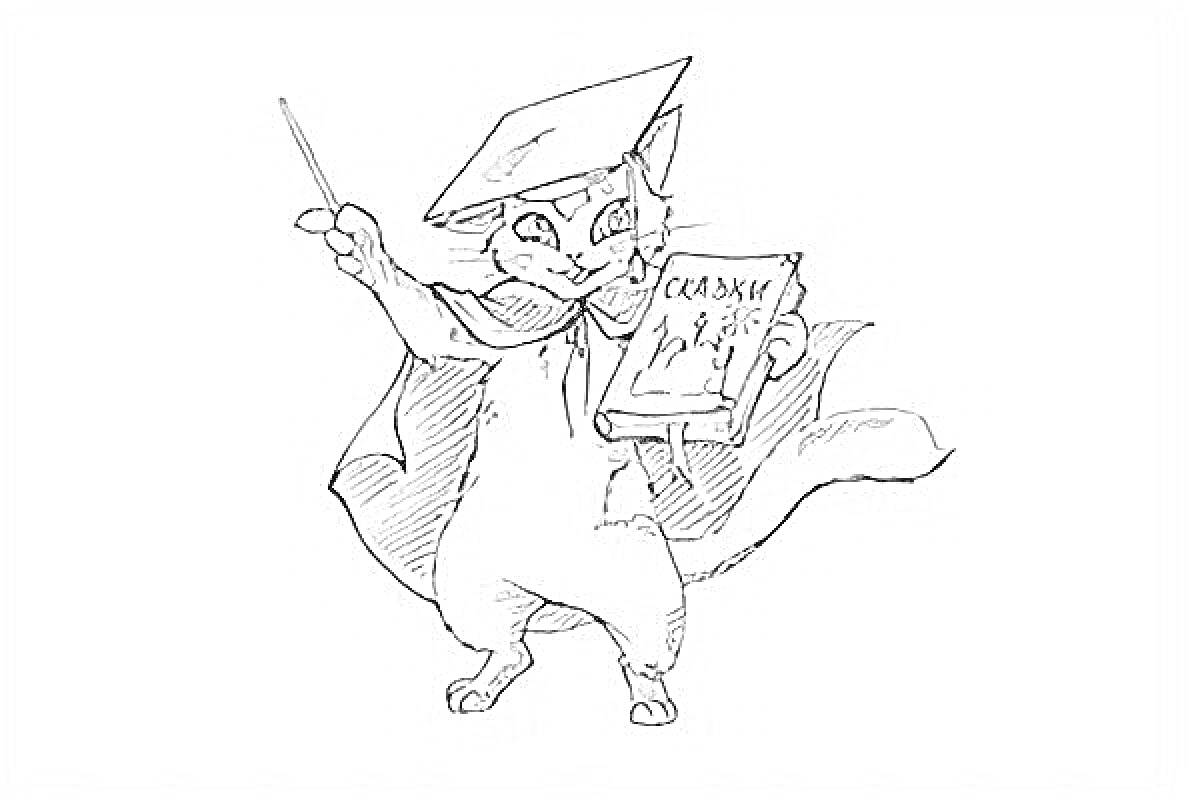 На раскраске изображено: Ученый кот, Академическая шапочка, Книга, Указка, Мантия, Длинный хвост, Расческа
