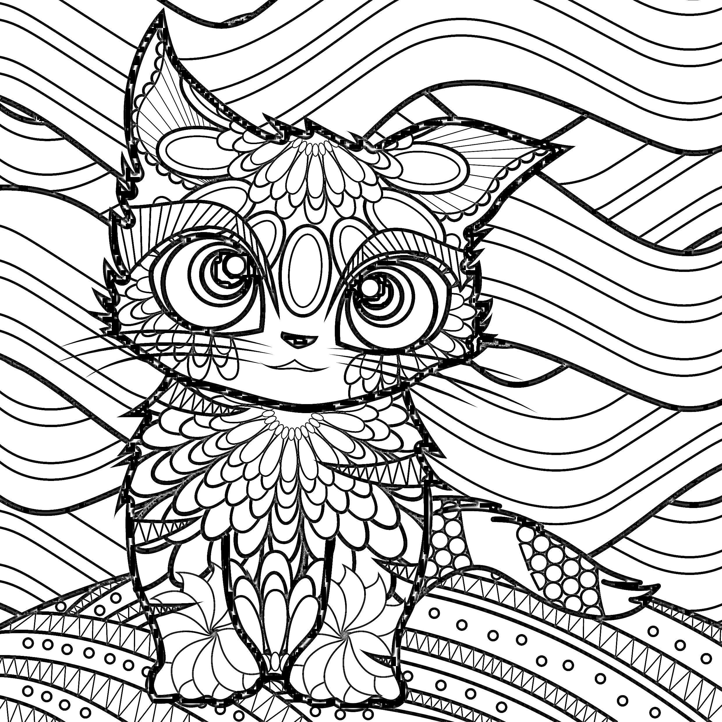 РаскраскаМандала кошка с большими глазами, сидящая на узорчатой поверхности, на фоне волнообразных линий