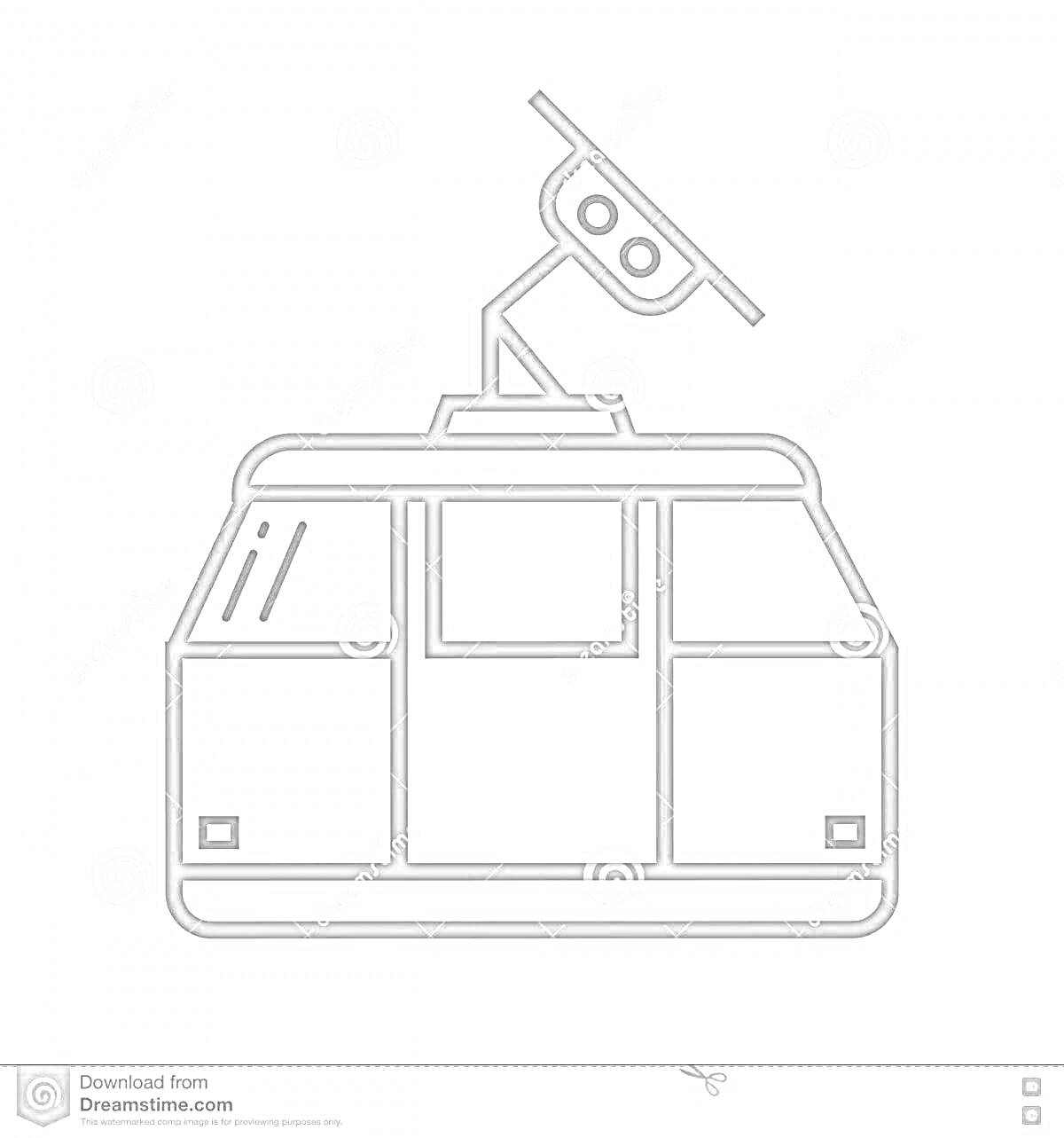 Раскраска Кабина канатной дороги с оконными проемами и крышей, крепящейся к канату