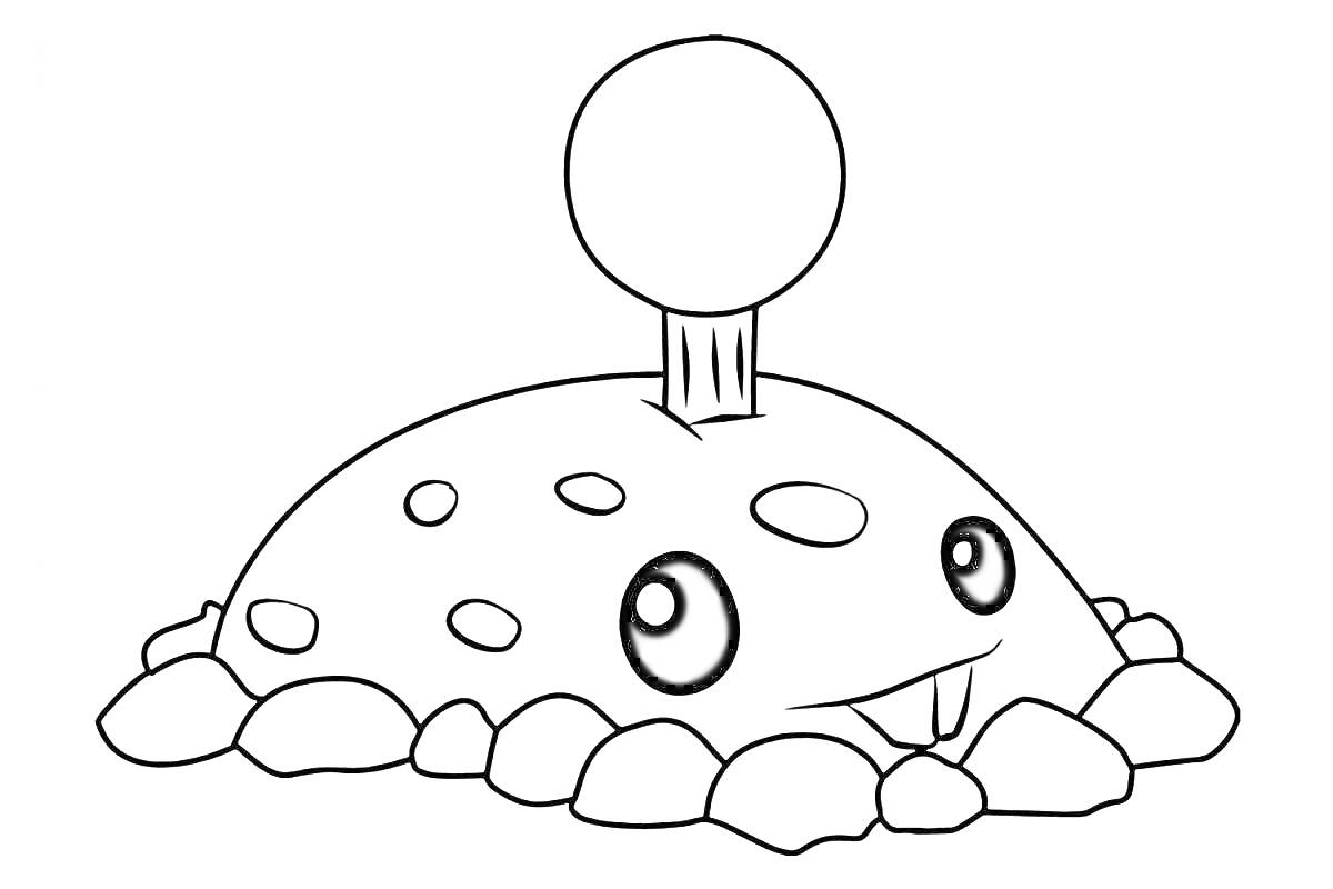 Раскраска растение с глазками, зубами и круглым элементом на вершине, окруженное камнями