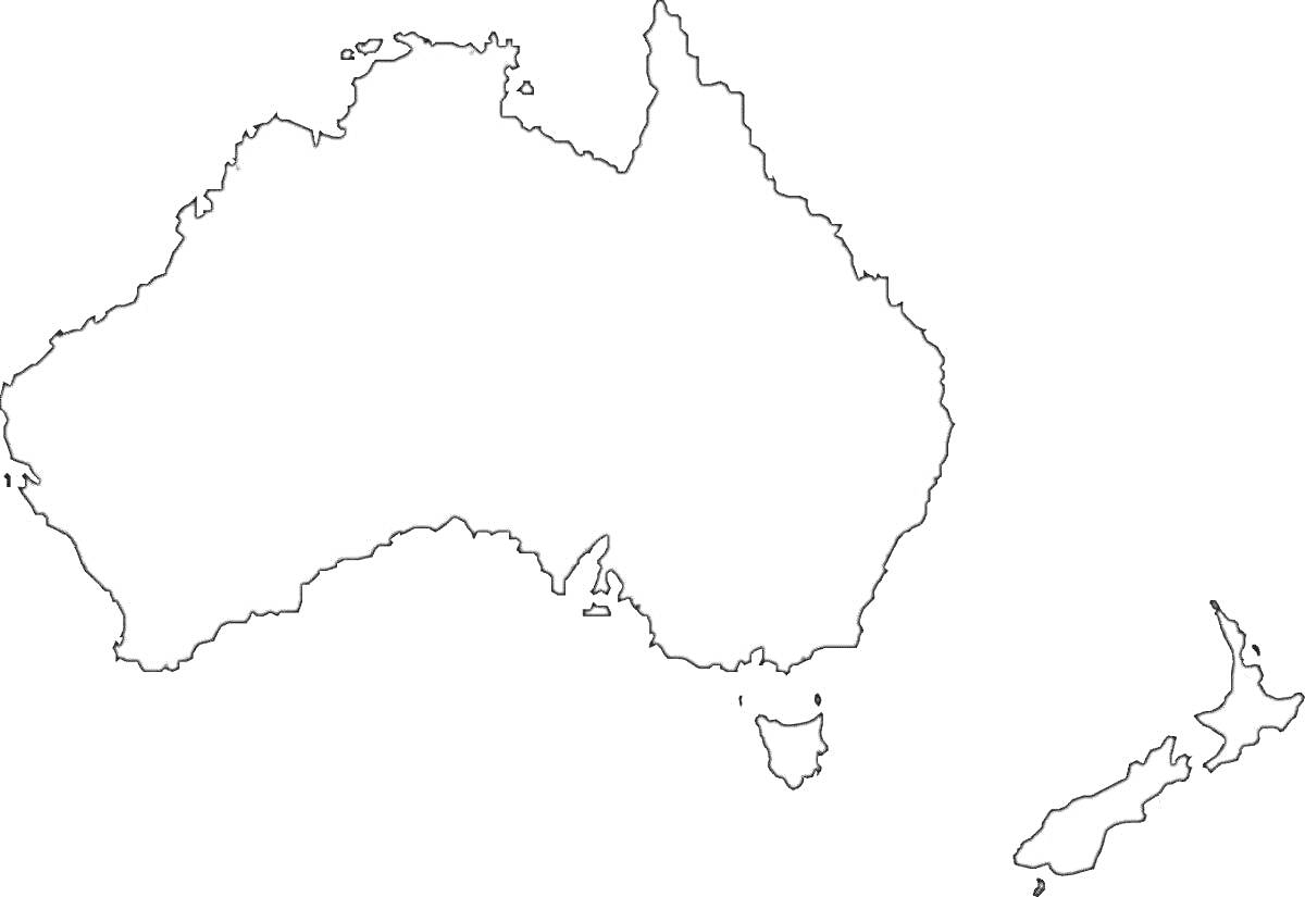 Раскраска Контурная карта Австралии с Новой Зеландией