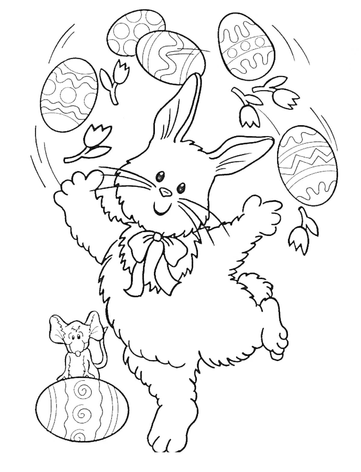 На раскраске изображено: Пасха, Кролик, Пасхальные яйца, Цветы