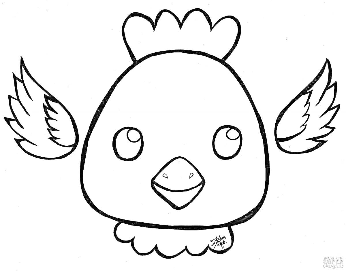 Раскраска Курочка с крыльями, гребешком и клювом