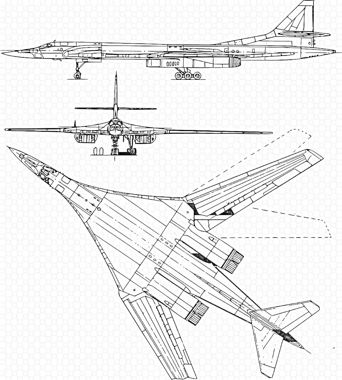 Раскраска Чертежи самолета Ту-160 с изображениями вида сбоку, спереди и сверху