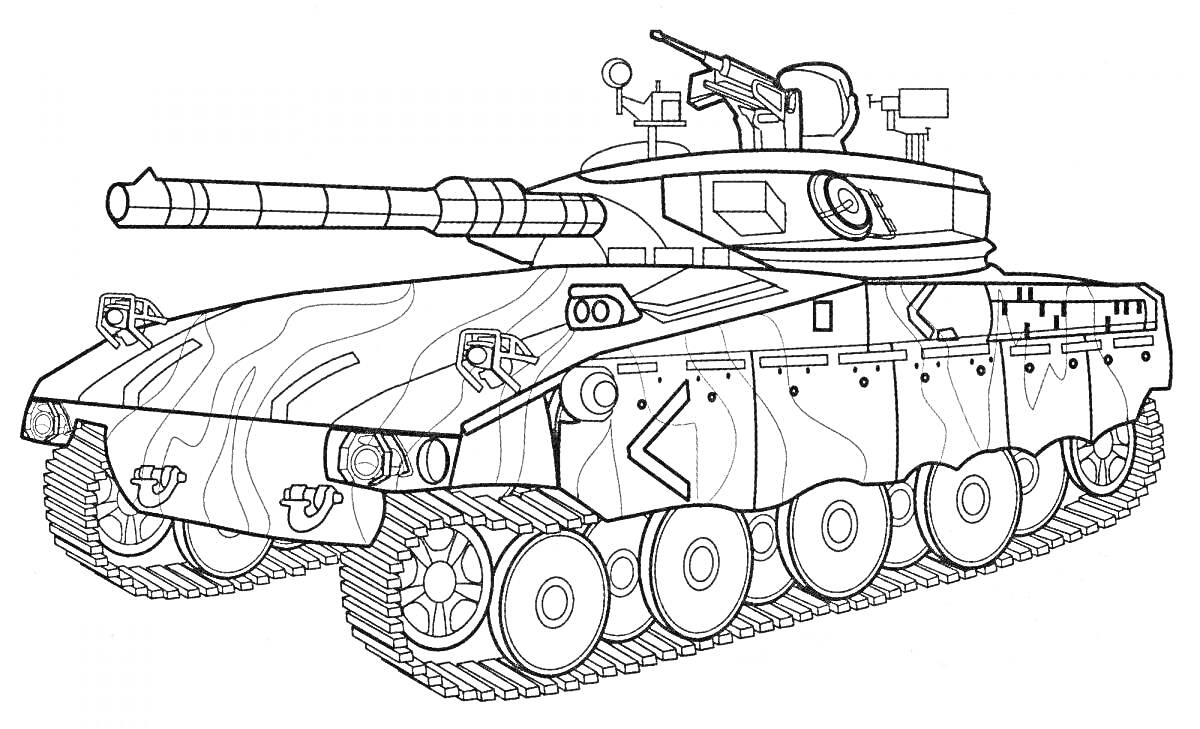 На раскраске изображено: Танк, Гусеницы, Пушка, Глаза, Военная техника