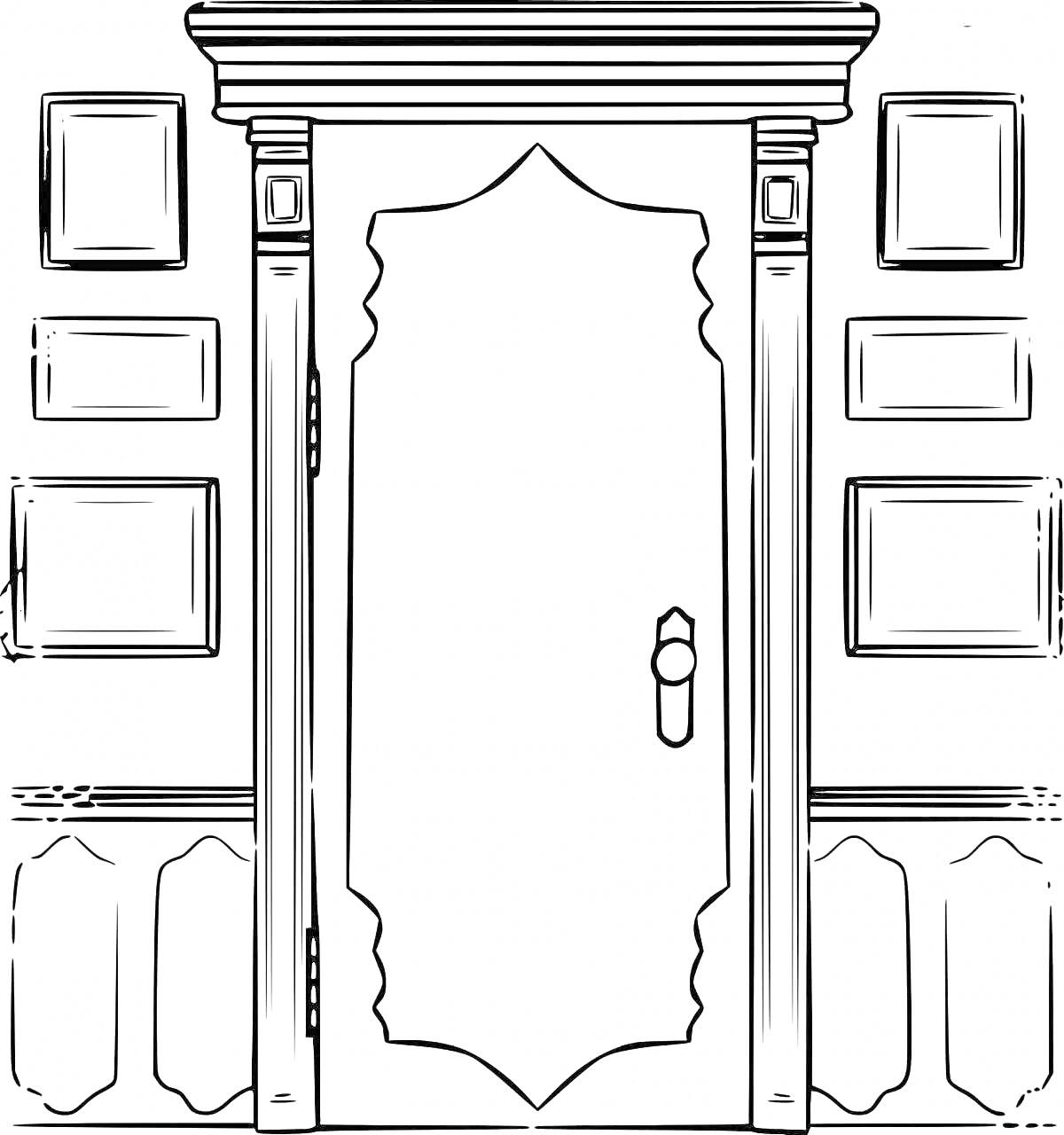 дверь с узорным наличником и прямоугольными панелями по бокам