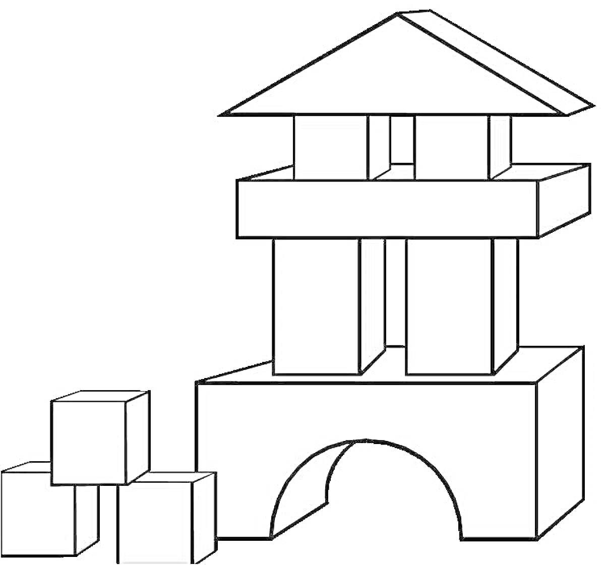 На раскраске изображено: Деревянный конструктор, Арка, Цилиндры, Кирпичики, Кубы, Строительство, Игрушки, Архитектура