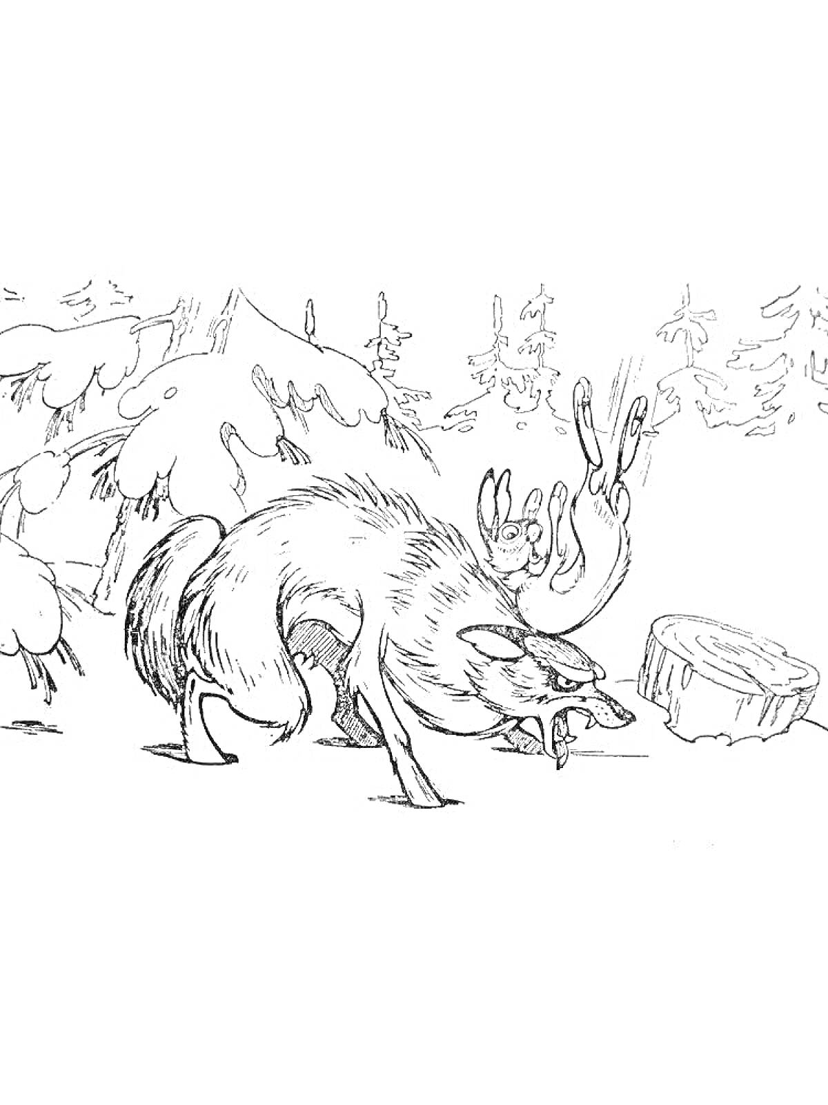 Раскраска Волк в зимнем лесу с пеньком и заснеженными деревьями