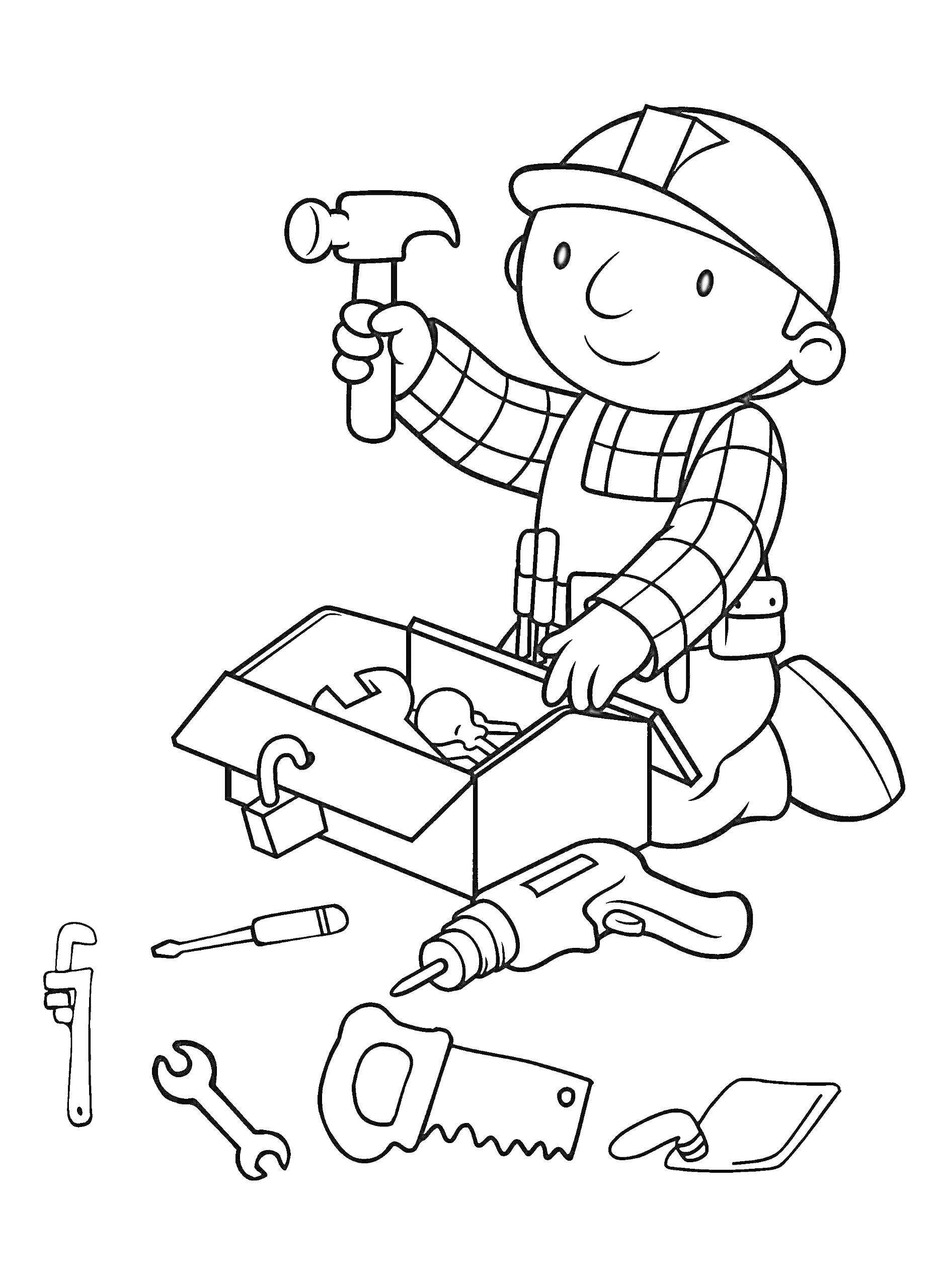 Раскраска Боб строитель с молотком и ящиком для инструментов, вокруг разбросаны различные инструменты