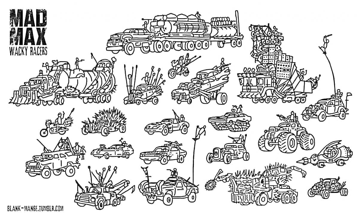 На раскраске изображено: Безумный Макс, Апокалипсис, Боевые машины, Художество, Штриховка
