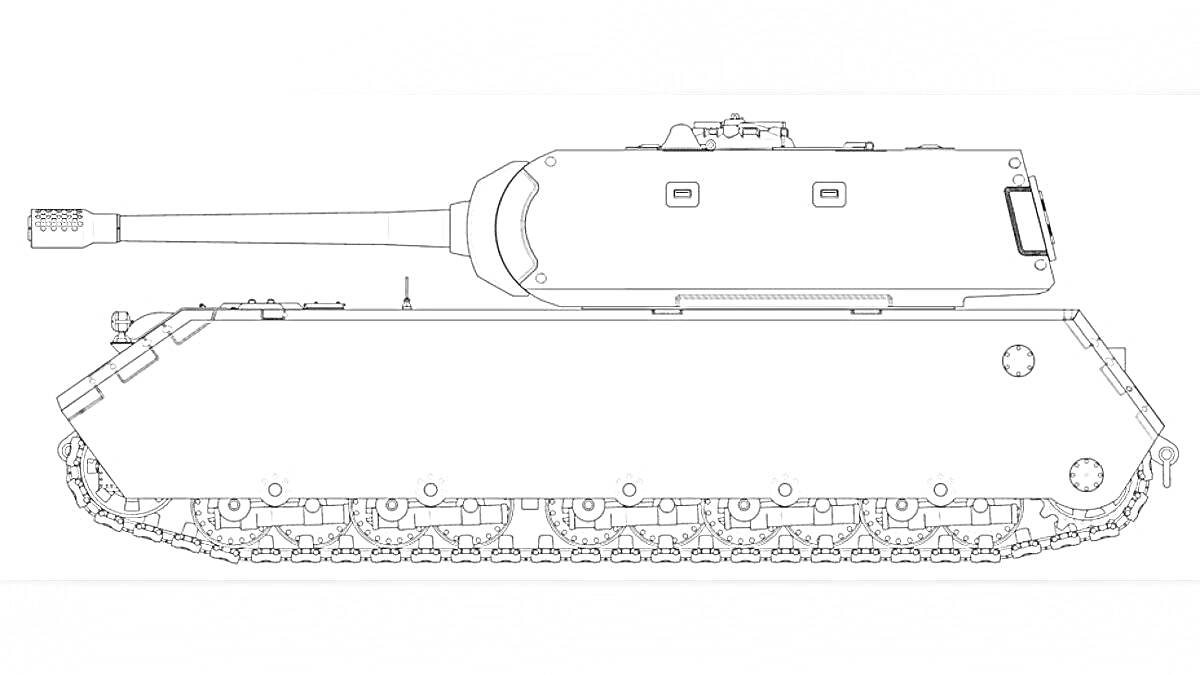 Раскраска Раскраска с изображением танка Маус в профиль, показаны гусеницы, башня и орудие.