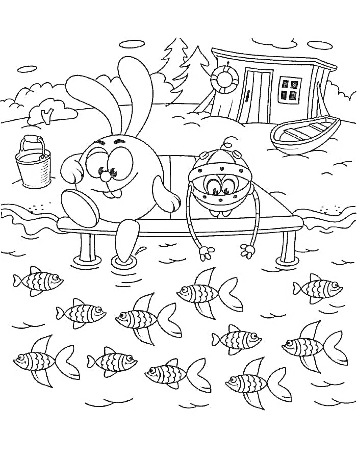 Раскраска Смешарики на пирсе, два персонажа на пирсе ловят рыбу, дом и лес на заднем плане, ведро и лодка рядом