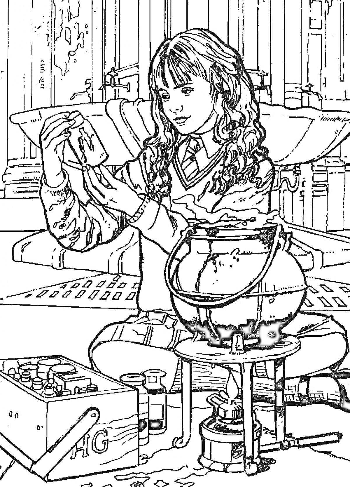 Раскраска Девочка с бутыльком возле котла, на полу перед ящиком с пробирками и другими химическими принадлежностями.
