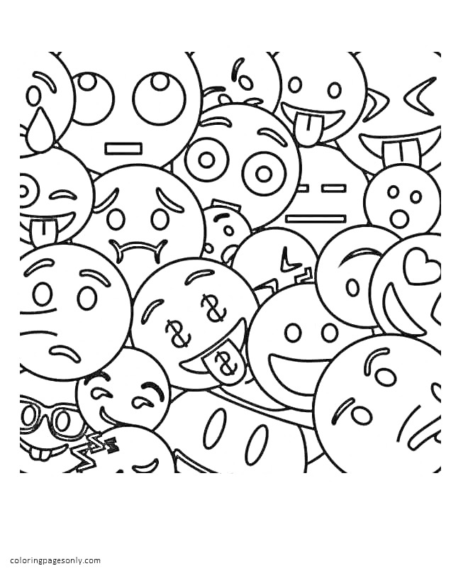 Раскраска Раскраска со смайликами с различными выражениями лиц (улыбка, улыбка с языком, удивление, смущение, сердитость, задумчивость, с сердечками, знак доллара в глазах, подмигивание)