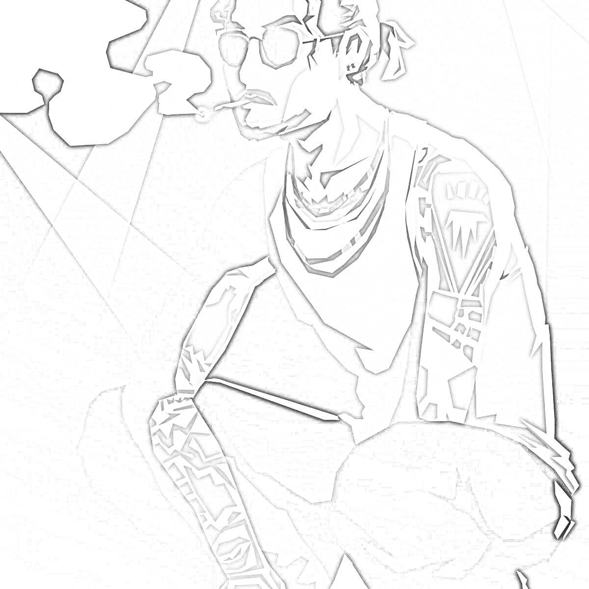 Мужчина с сигаретой в солнцезащитных очках и татуировками на черно-белом фоне