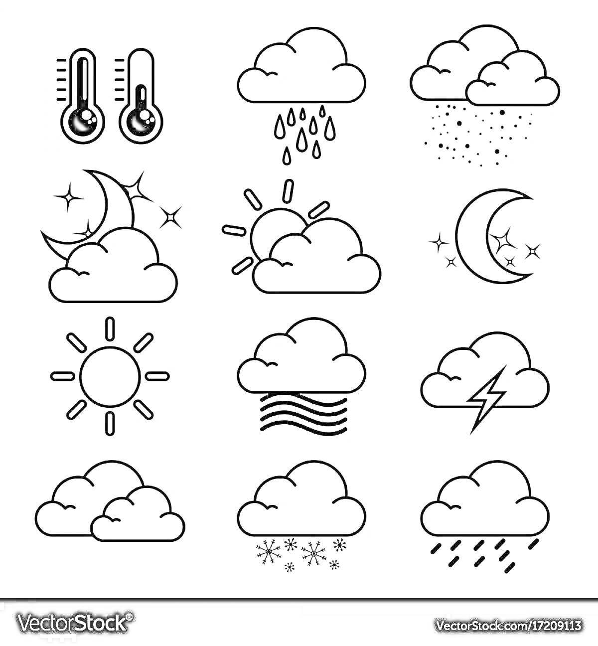 На раскраске изображено: Термометр, Дождь, Снег, Луна, Звезды, Солнце, Туман, Снежинки, Капли, Погода, Иконки