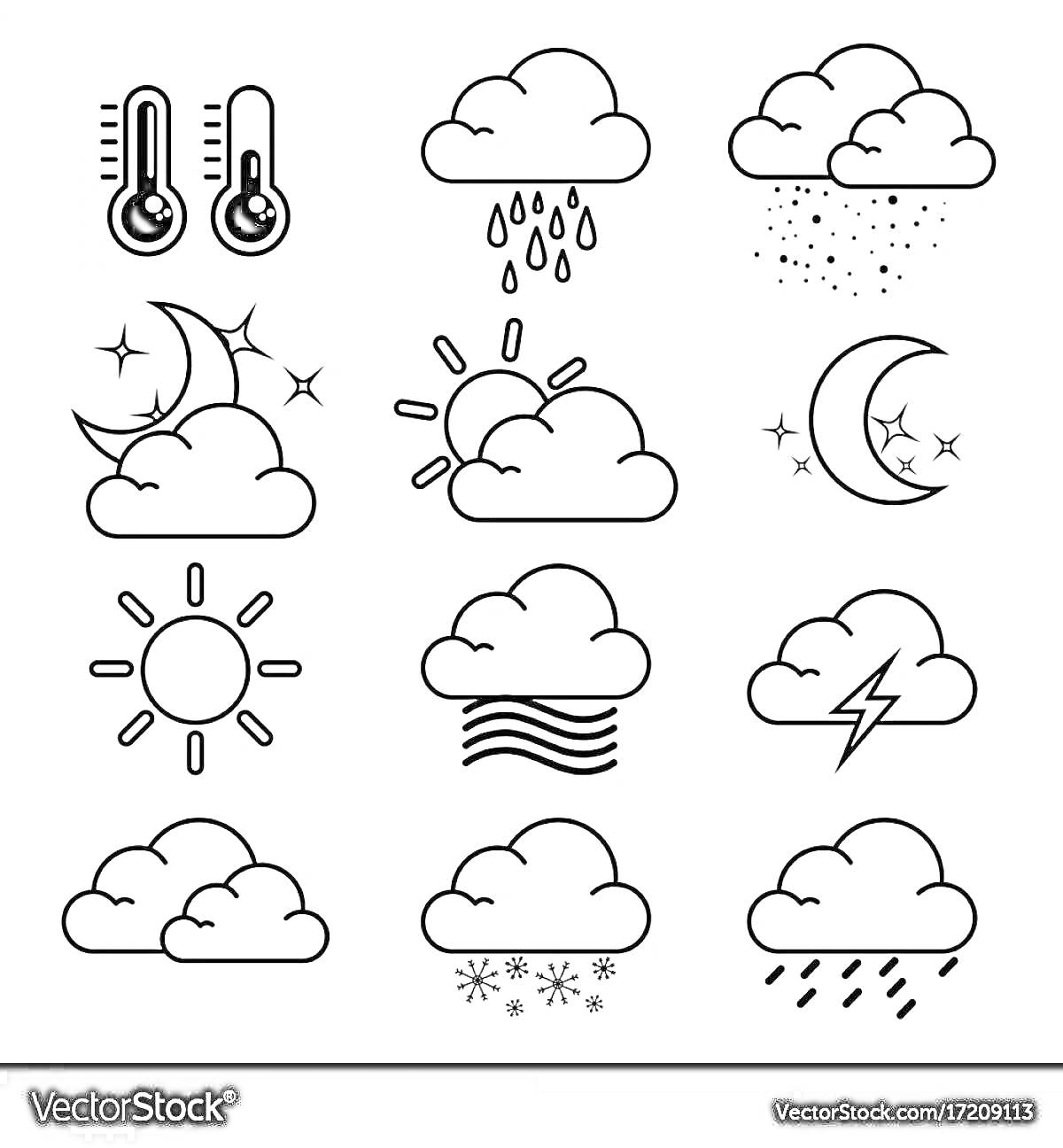 Раскраска Термометр, облако с дождем, облако с снегом, облако с луной и звездами, облако с солнцем, полумесяц с луной и звездами, солнце, облако с туманом, радуга с облаком, солнце заходит за облако, облако со снежинками, облако с дождем и каплями